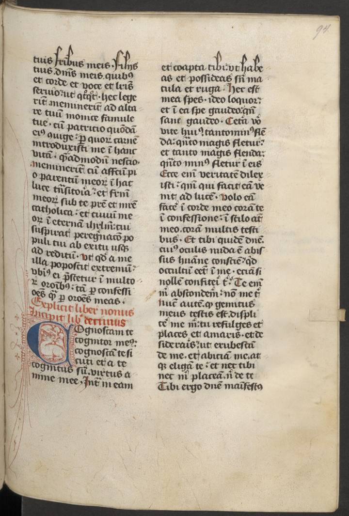 Folio manuscrito en latín de las Confesiones de Agustín, comienzo del libro X, con una inicial roja y azul.