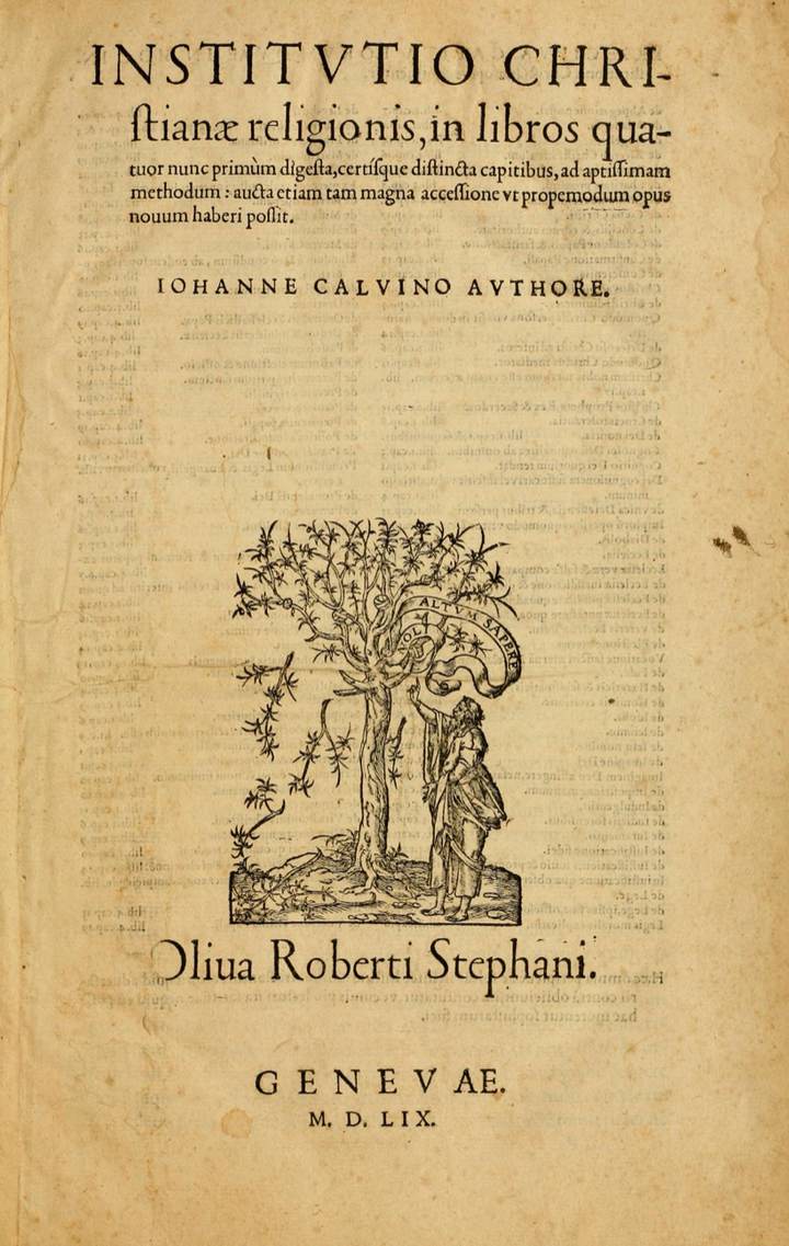 Portada de la Institutio Christianae Religionis con el olivo del impresor Robert Estienne.
