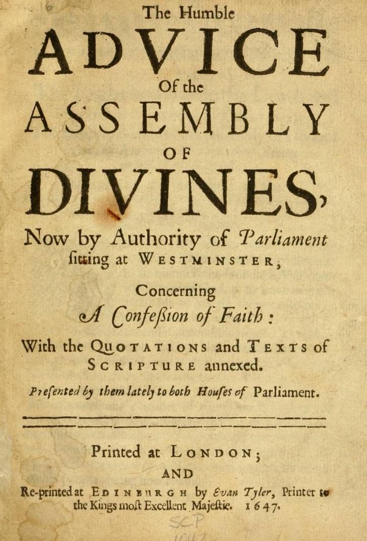 Portada tipográfica de The Humble Advice of the Assembly of Divines, la Confesión de Westminster.